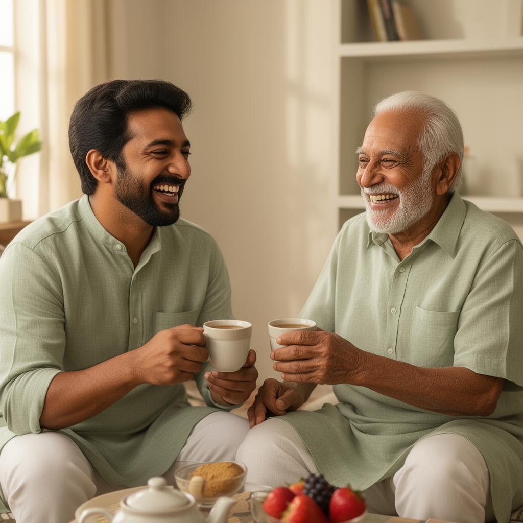 Adult son sharing chai with his elderly father