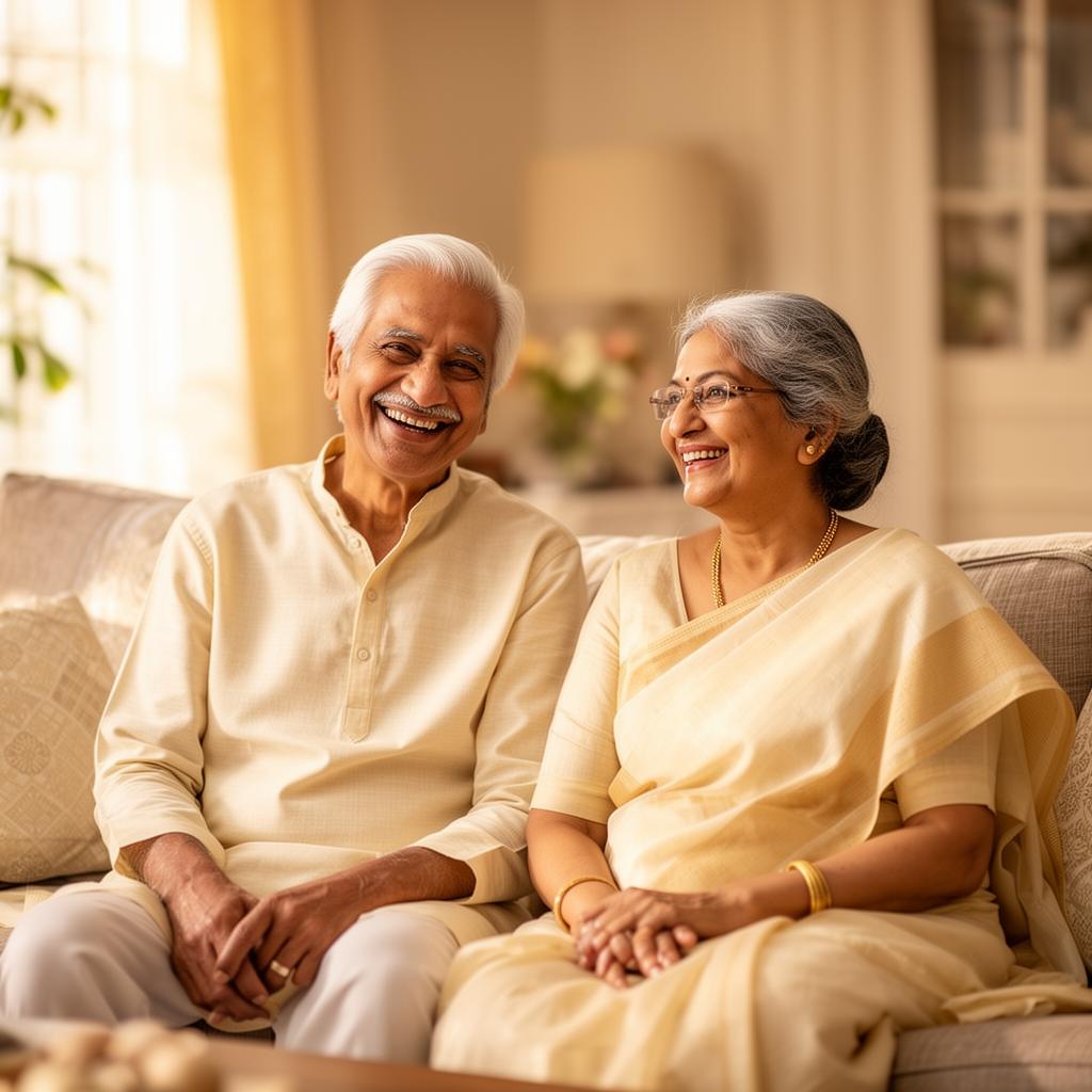 Elderly Indian couple smiling warmly at home